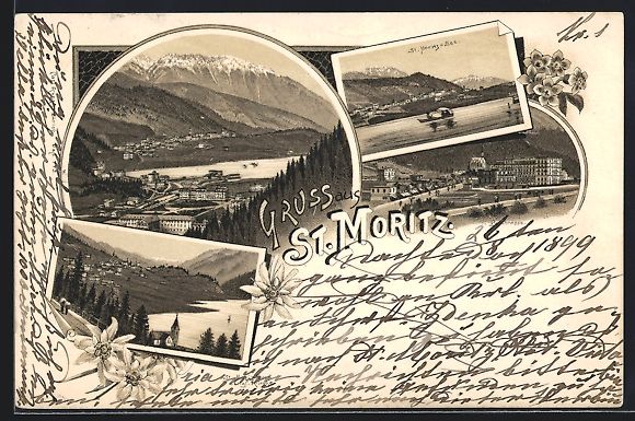 Cartoline postali: Litho St. Moritz, Dorfansicht u. Evgl. K – Usato da Berlin venduto da bartko-reher