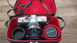 Minolta SR-T-101 Kamera mit 3 Objektiven, Makroringen, Box
