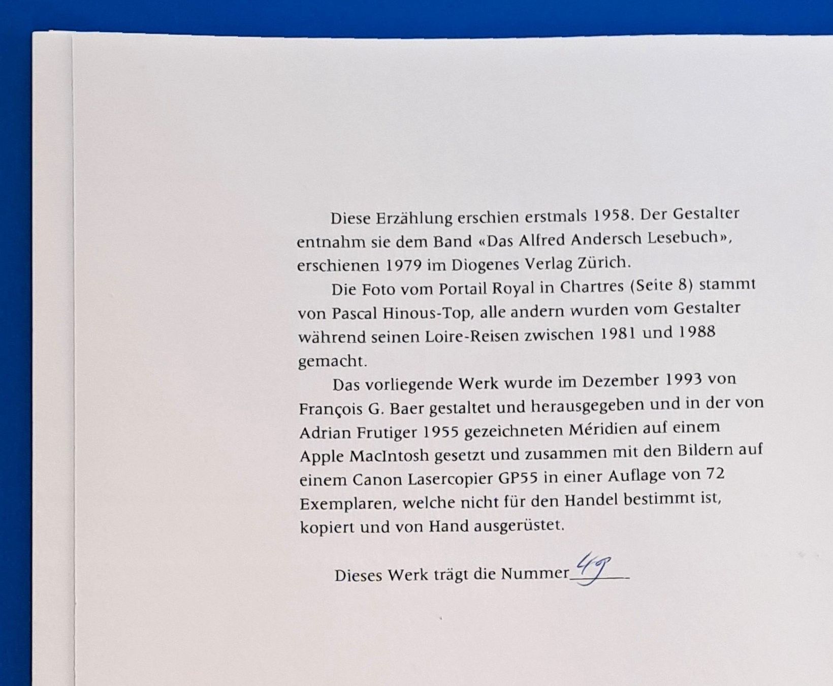 Libri: Alfred Andersch:Mit dem Chef nach Chenonceaux. Priv.Dr.49/72 – Usato da Zürich venduto da archiphil 9
