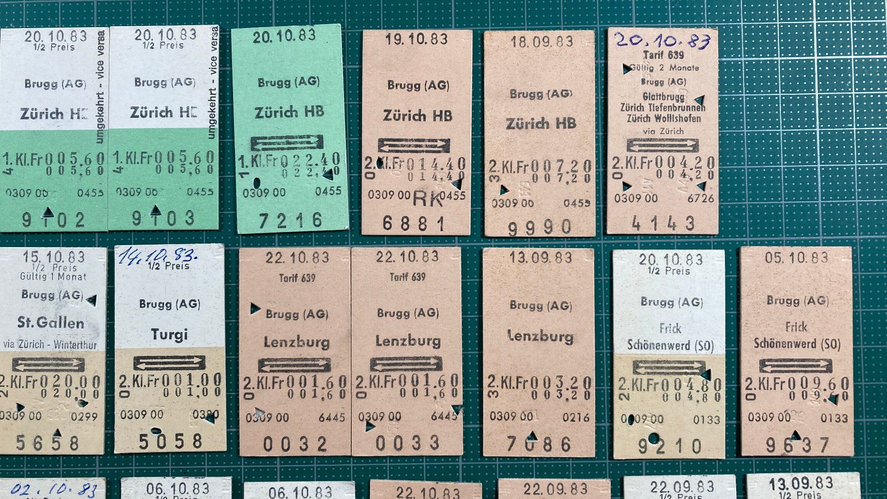 Biglietti: Ab Brugg, 32 Edmondsonsche Bahn Billette, SBB, 1983 – Usato da Lenzburg venduto da fh1 2
