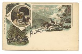 Souvenir des Alpes  Gruss aus den Bergen - Postkutsche Litho