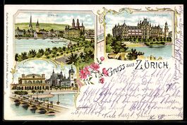 Lithographie Zürich, Utoquai, Alpenquai, Landesmuseum