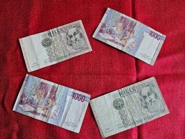Billet de 1000 Lire italienne, état usagé, lot de 4