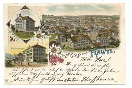 Gruss aus Flawil (SG) Schulhaus - Bahnhofstrasse  Litho 1903
