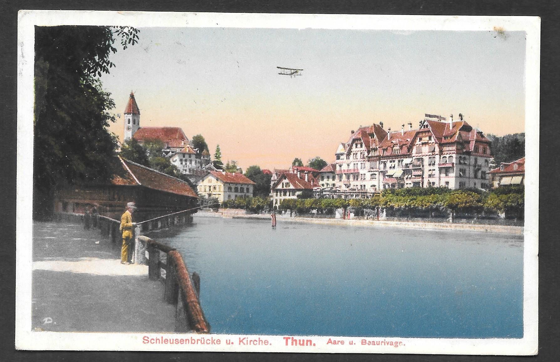 Cartes postales: Thun Teilansicht mit Hotel Beaurivage mit Flugzeug – D'occasion à Olten par clotaldi
