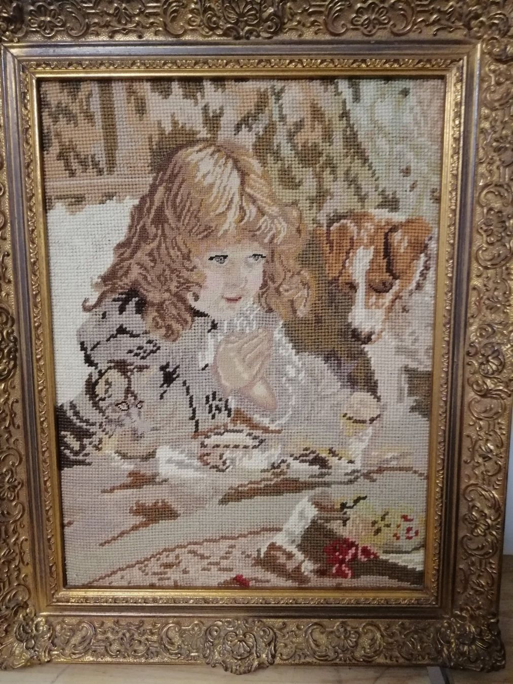 Poster & Bilder: Gesticktes Bild - betendes Kind mit Hund – Neu (gemäss Beschreibung) aus Ossingen von Orelius 2