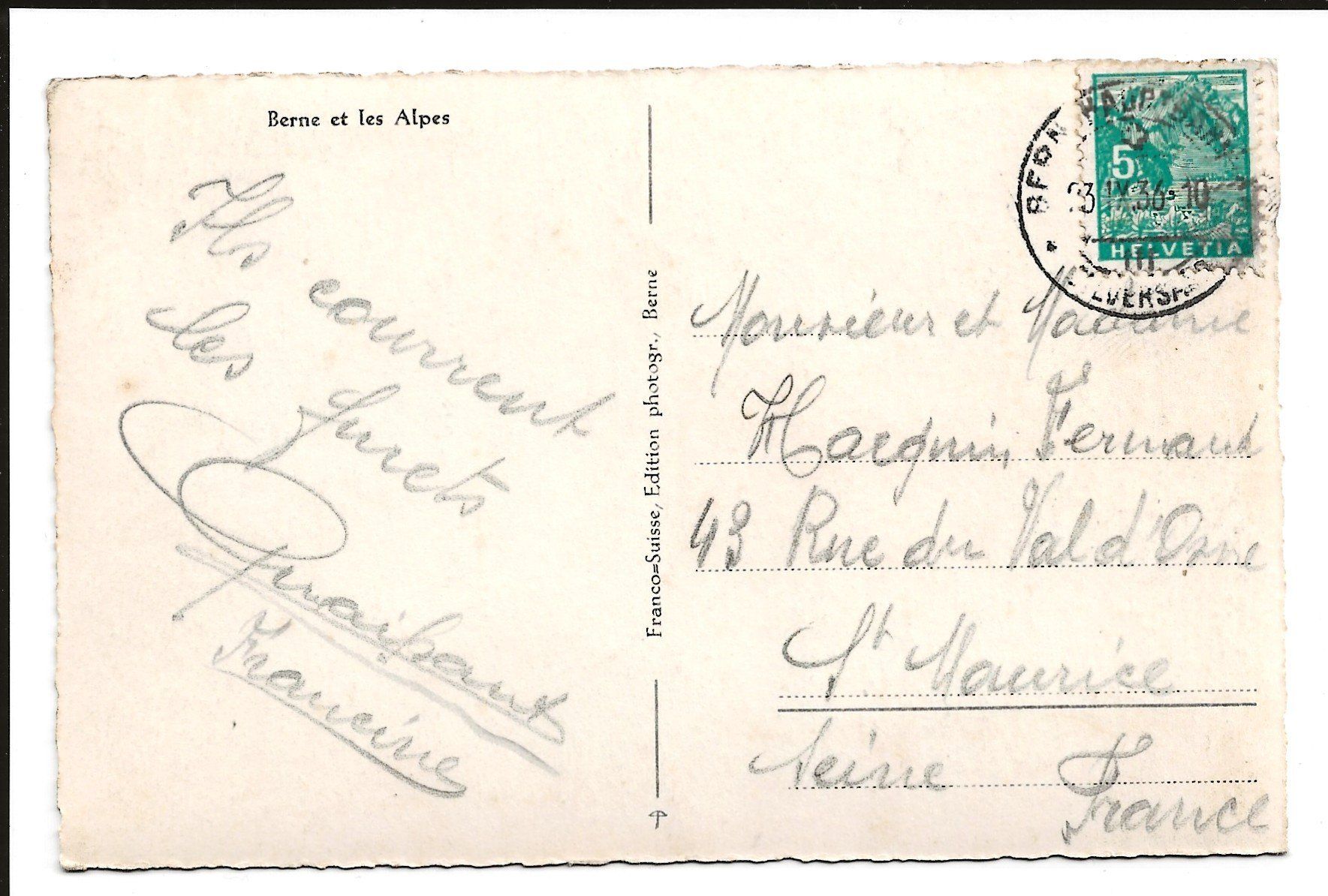 Ansichtskarten: AK 1936 Bern mit Alpenpanorama – Gebraucht aus Greifensee von 315WDO 1