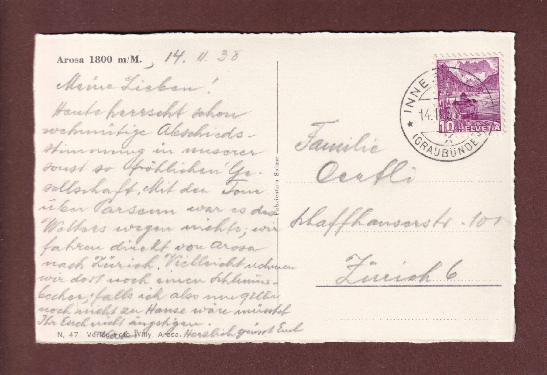 Ansichtskarten: AROSA - 1938 – Gebraucht aus Pully von nicecards-shop 1