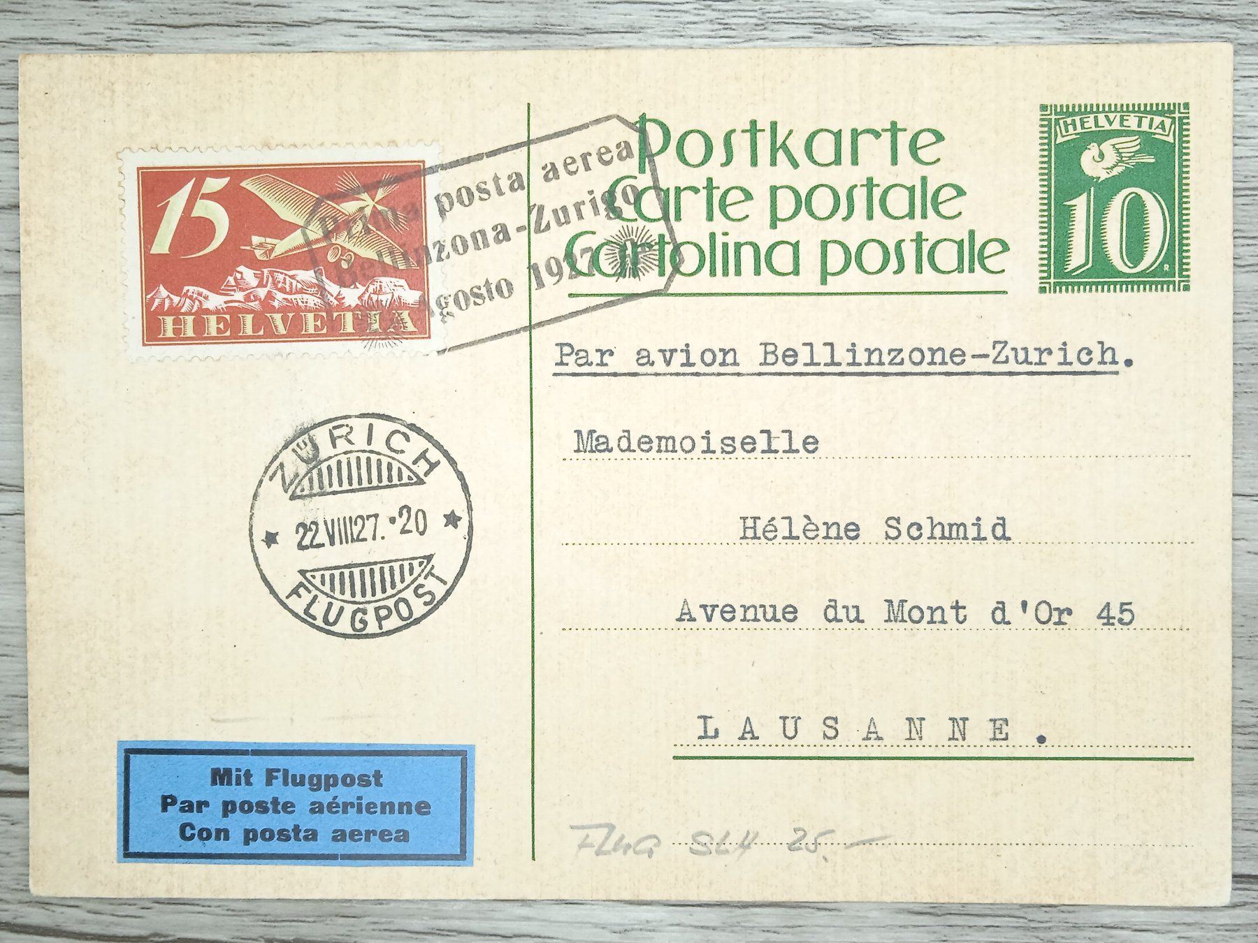 Tutti i francobolli: TR70 Carte Postale + Timbre Suisse 1927 – Usato da Cousset venduto da Patrick_Collections