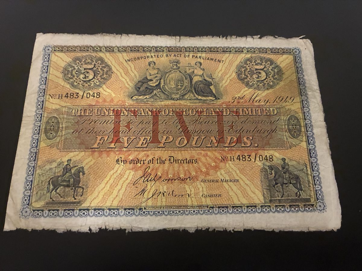 Banknoten: 5 pounds 1949  – Gebraucht aus Dällikon von Woldbanknoten