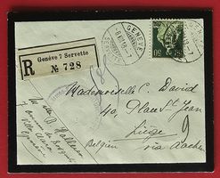 HELVETIA GENEVE SCHNAPSZAHL ZENSUR DEUTS. REICH LÜTTICH 1918