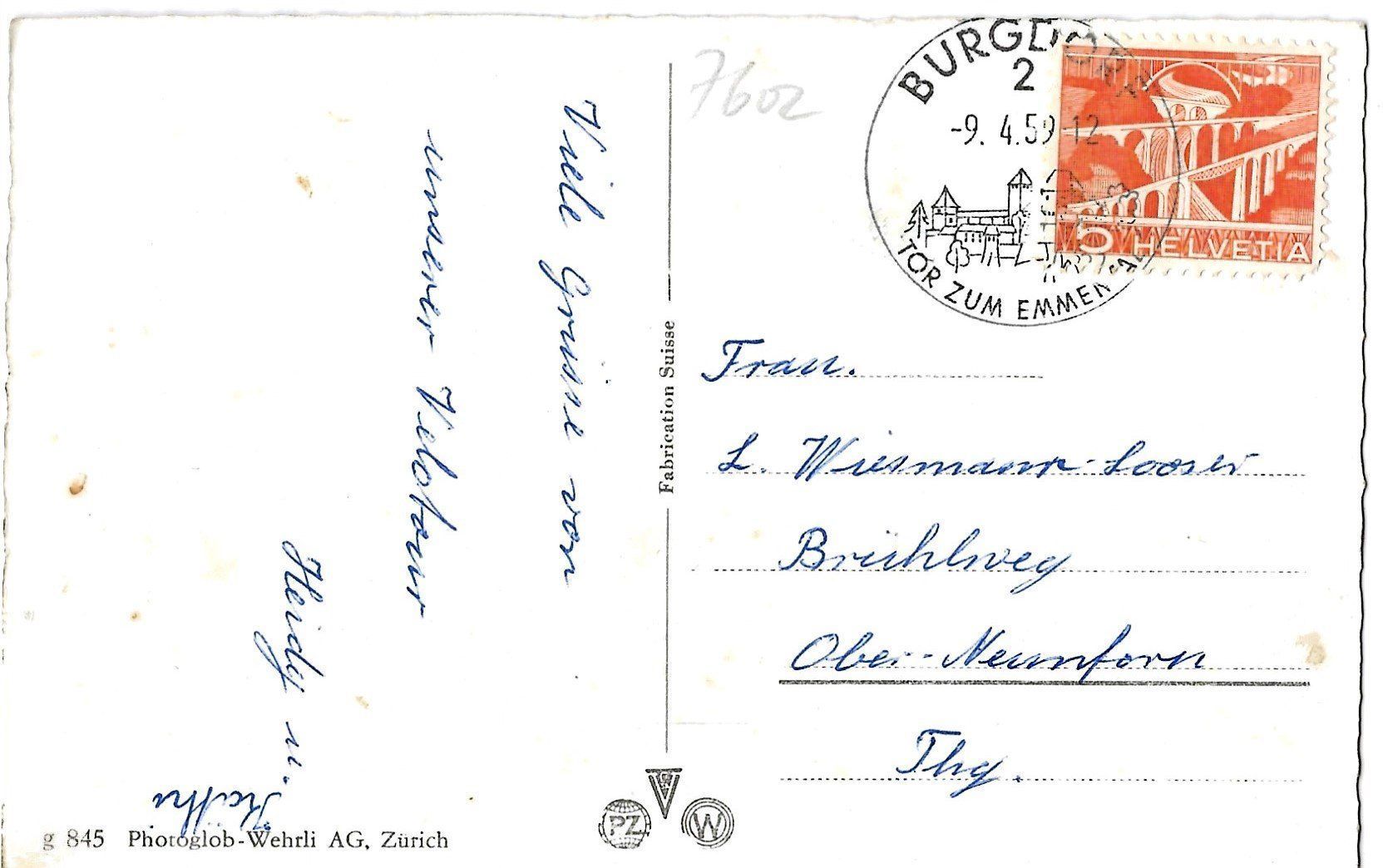 Cartoline postali: Burgdorf, 1959 – Usato da Frauenfeld venduto da Merk52 1