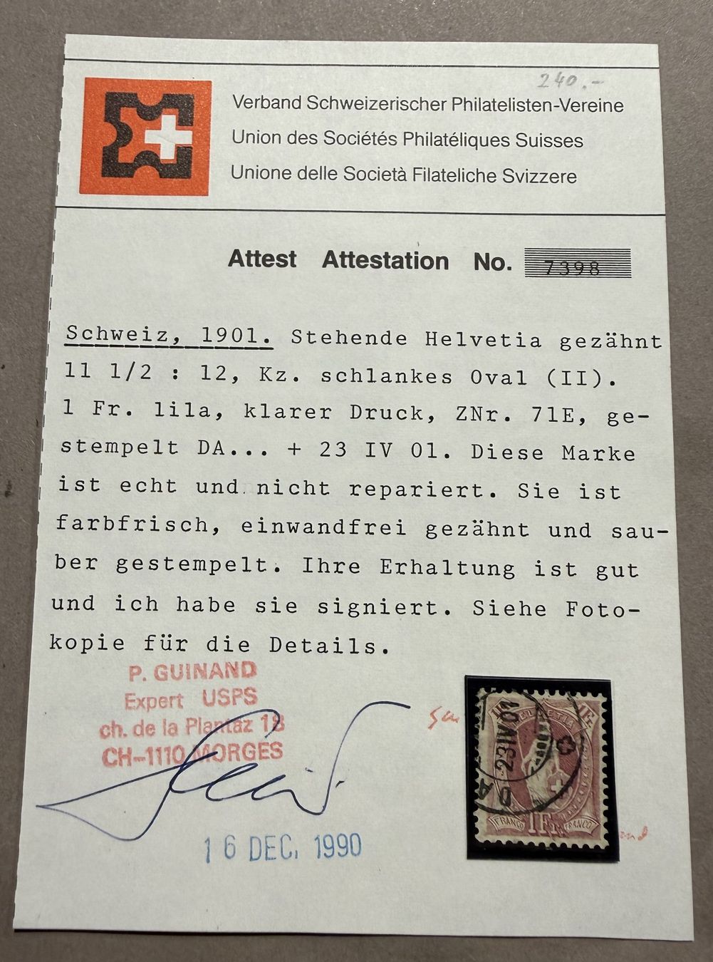 Alle Briefmarken: 71E Attest Guinand  Stempel SBK 460.- – Gebraucht aus Steinhausen von yukon26 2