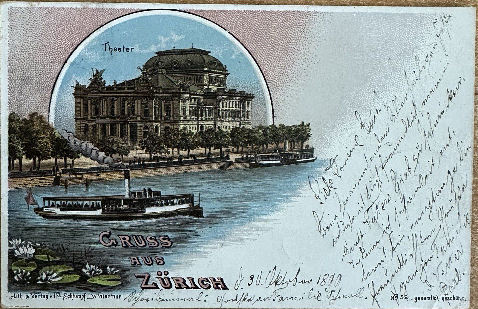 Cartoline postali: Zürich Theater Schiff Litho 1898 – Usato da Rapperswil SG venduto da INTELVI