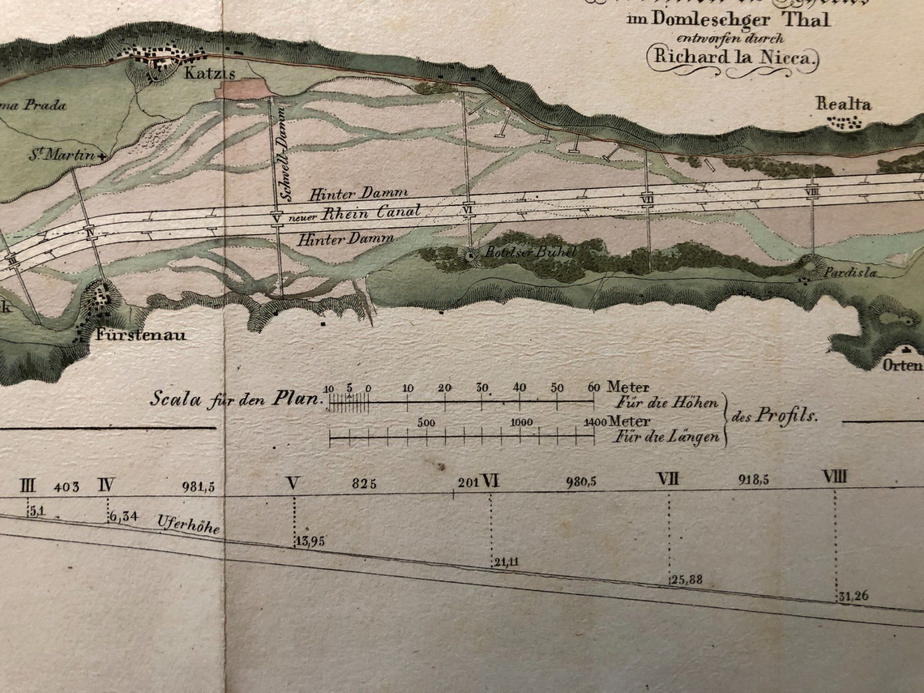 Cartine & Atlanti: de la Nicca: Plan Correction des Rheins im Domleschger Thal – Usato da Zürich venduto da allp 5