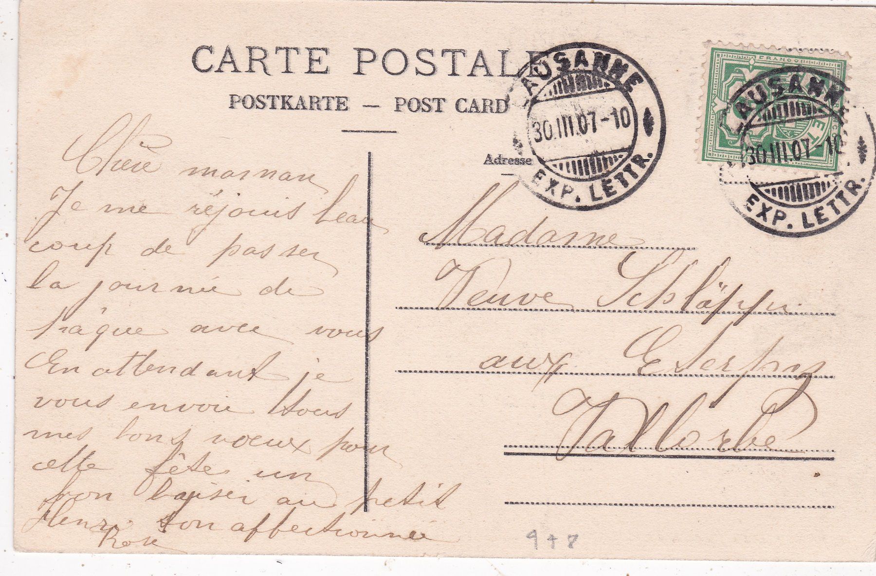 Cartoline postali: Lausanne Joyeux  Pâques 1907 – Usato da Herisau venduto da Lisegrat2008 1