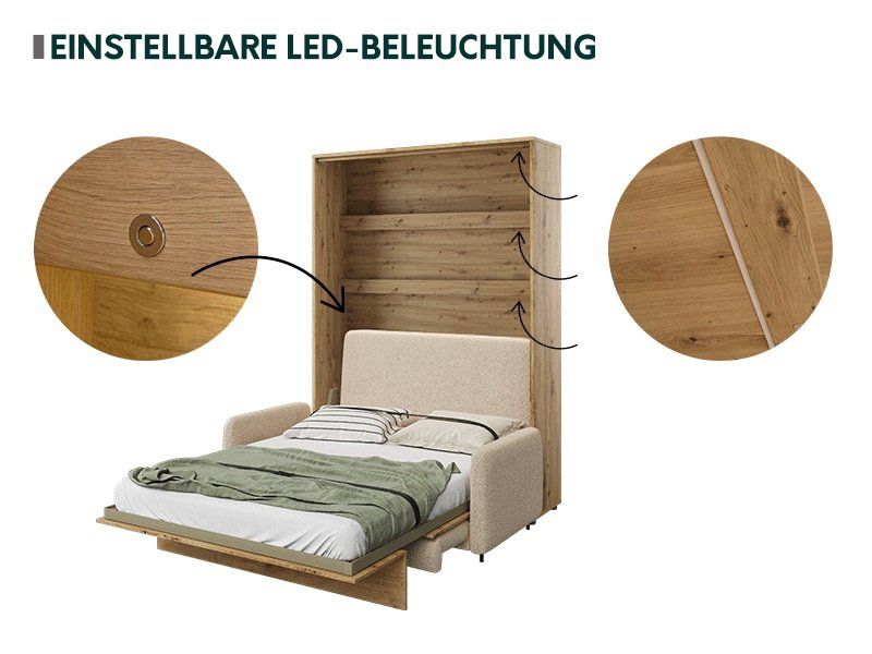 Letti: Schrankbett LEONIE Horizontal Grau + LED - 140x200cm – Nuovo e nell'imballaggio originale da Wallenwil venduto da toesstal-vertrieb 3