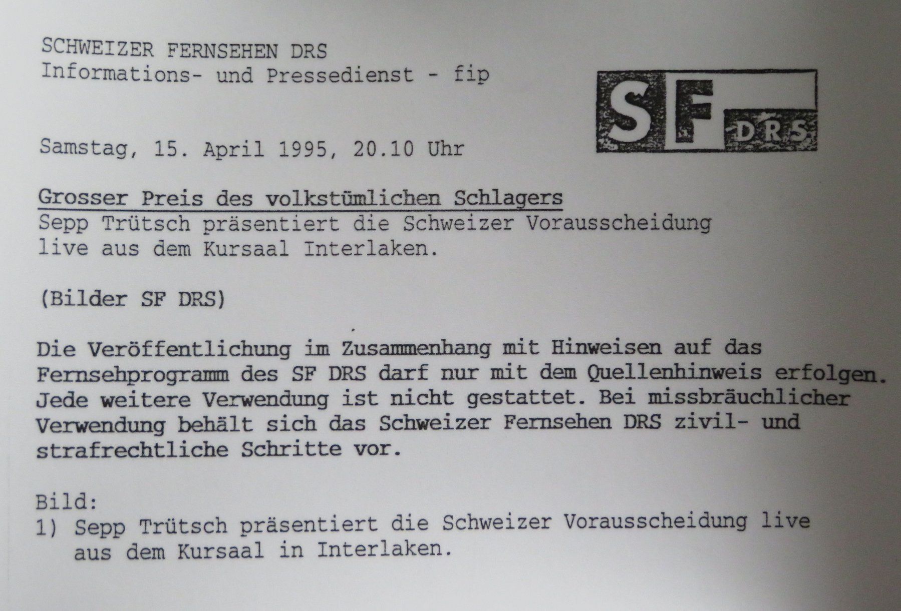 Poster & Bilder: Fotos: Sepp Trütsch, Sendung SRF 1995 – Gebraucht aus Oberriet SG von Manick 1