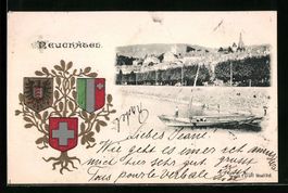 AK Neuchatel, Quai du Montblanc, Wappen