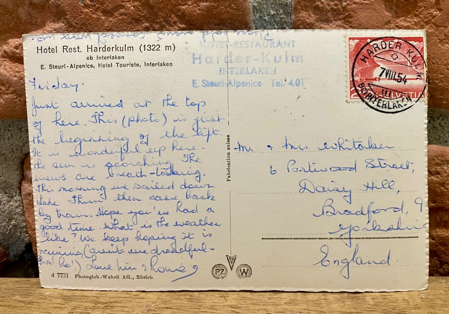 Cartoline postali: 1954 Harderbahn Interlaken - Berner Oberland – Usato da Root venduto da ENGLAND-TREASURES 2