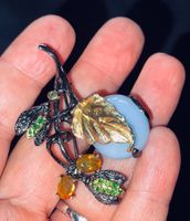 Art Work Chalcedony SS925 14k Gold Vermeil Hat Pin or Brooch