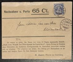 Schweiz Nachnahme Courtelary Biel 1896 Pfarrhaus Brand Beleg