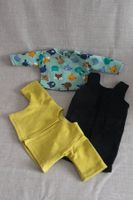 Puppenkleider Overall/Shirt/Jacke senfgelb Waldtiere