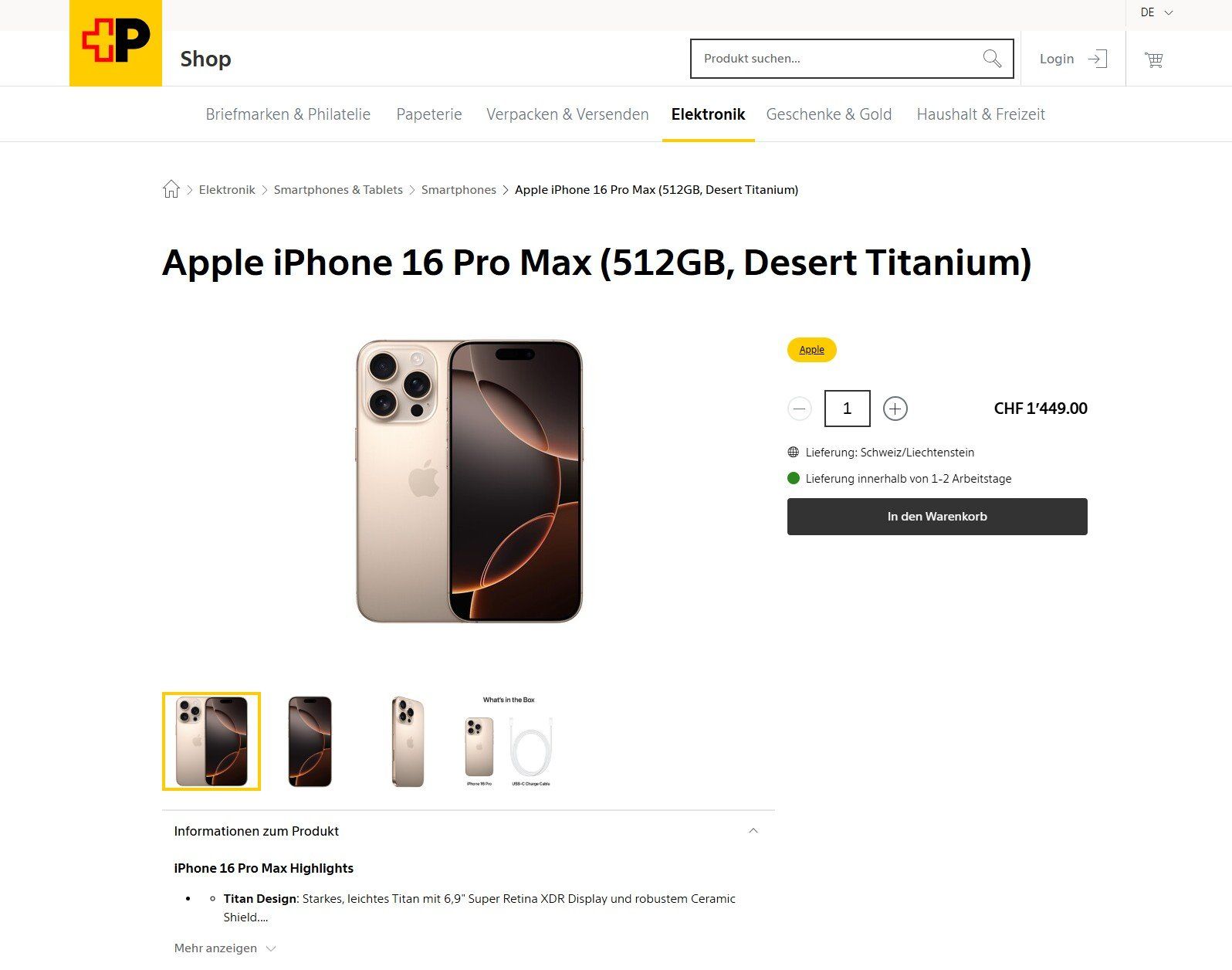 Apple Telefoni cellulari / Smartphones: APPLE iPhone 16 Pro Max, Desert Titanium, 512 GB ab 798 CHF – Nuovo (secondo la descrizione) da Buchs ZH venduto da superpc1