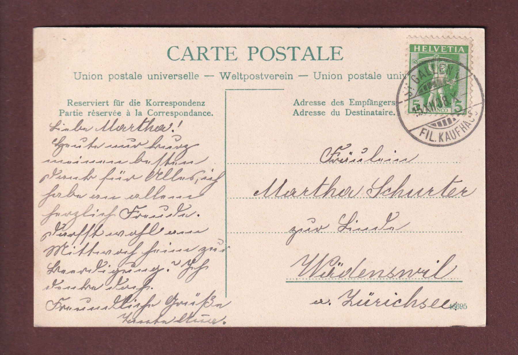 Cartoline postali: ST. GALLEN - Bürgerheim - 1908 – Usato da Pully venduto da nicecards 1