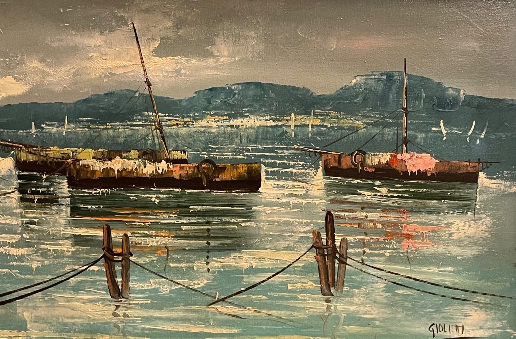 Dipinti: Dipinto olio su tela, marina, barche ormeggiate, XX secolo, – Usato da Bellinzona venduto da Omegart 1
