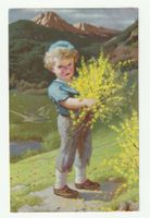 Postkarte 1936 Junge & Frühlingsblumen in den Bergen