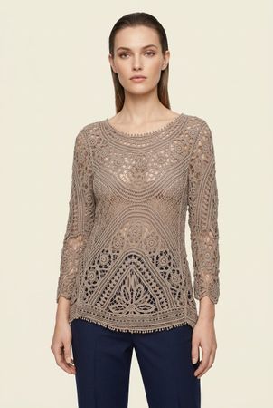 Haut Crochet Taupe Manches Longues Perles T. L