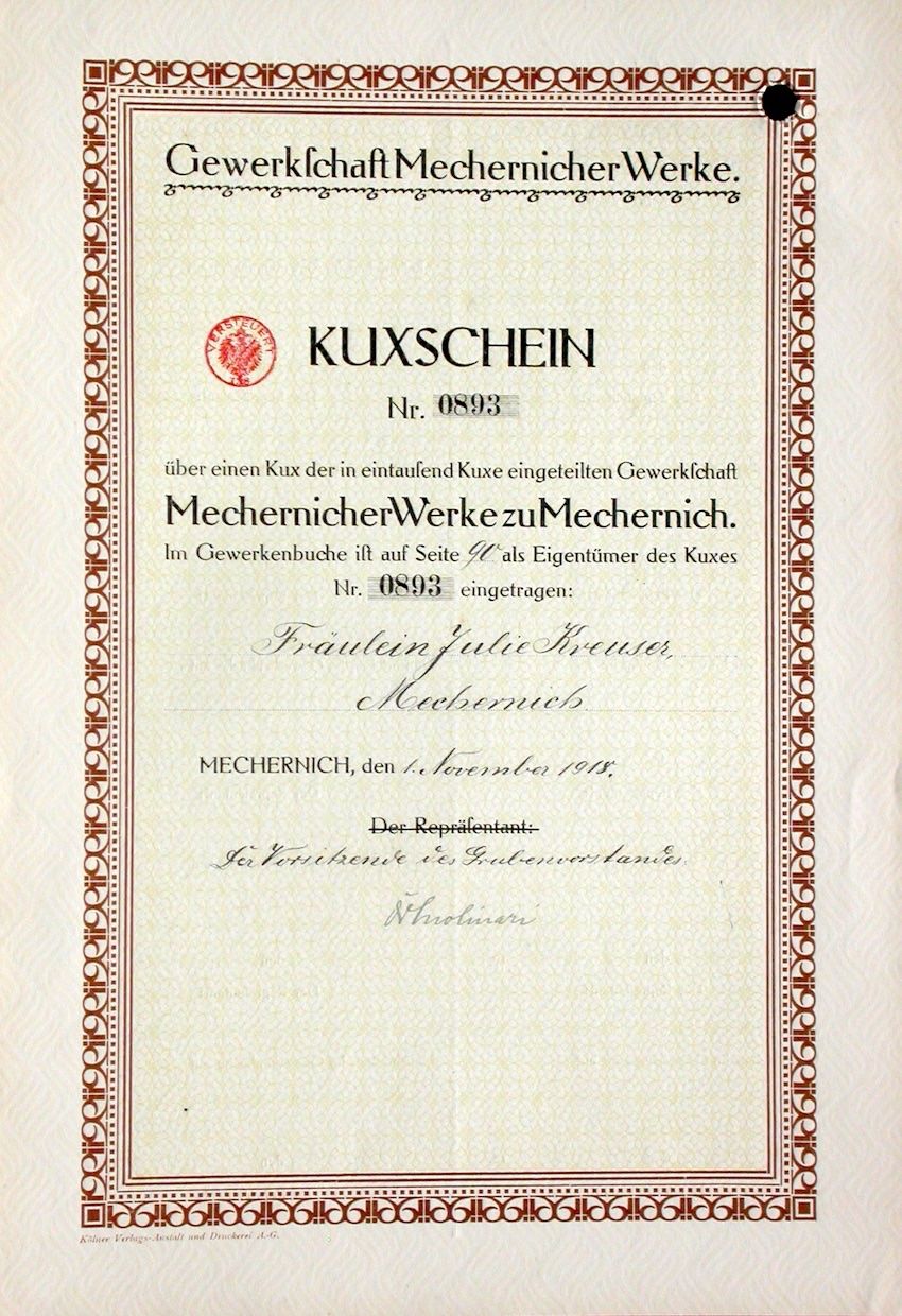 Dokumente: Gewerkschaft Mechernicher Werke, Mechernich - 1918 – Gebraucht aus Solothurn von Sgasche