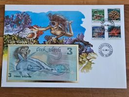 Notenbrief Bankfrische 3-Dollar-Banknote aus Cook-Islands