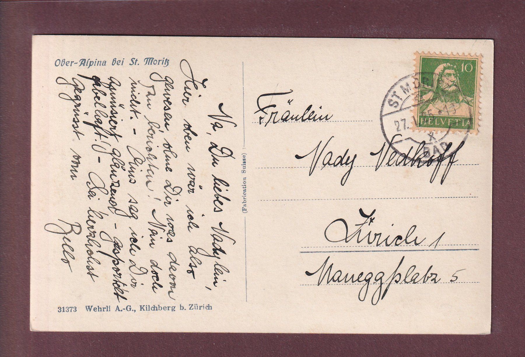 Ansichtskarten: OBER-ALPINA bei St. Moritz - 1925 – Gebraucht aus Pully von nicecards 1