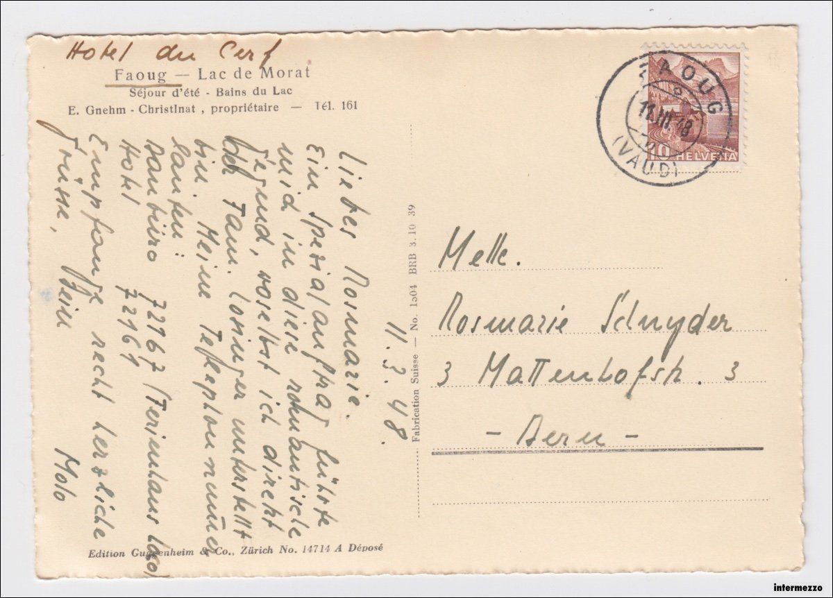 Cartoline postali: Faoug VD // Pension du Cerf // 1943 – Usato da Basel venduto da intermezzo12 1