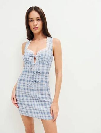 Reformation Hellblau / Weiss Leinen Damen Kleid