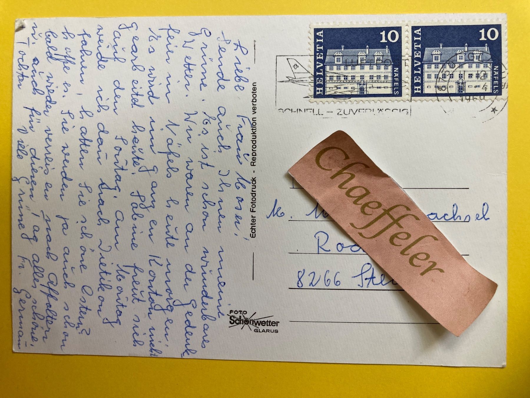 Cartoline postali: 1969  3724 Näfels GL – Usato da Zürich venduto da Chaeffeler 1
