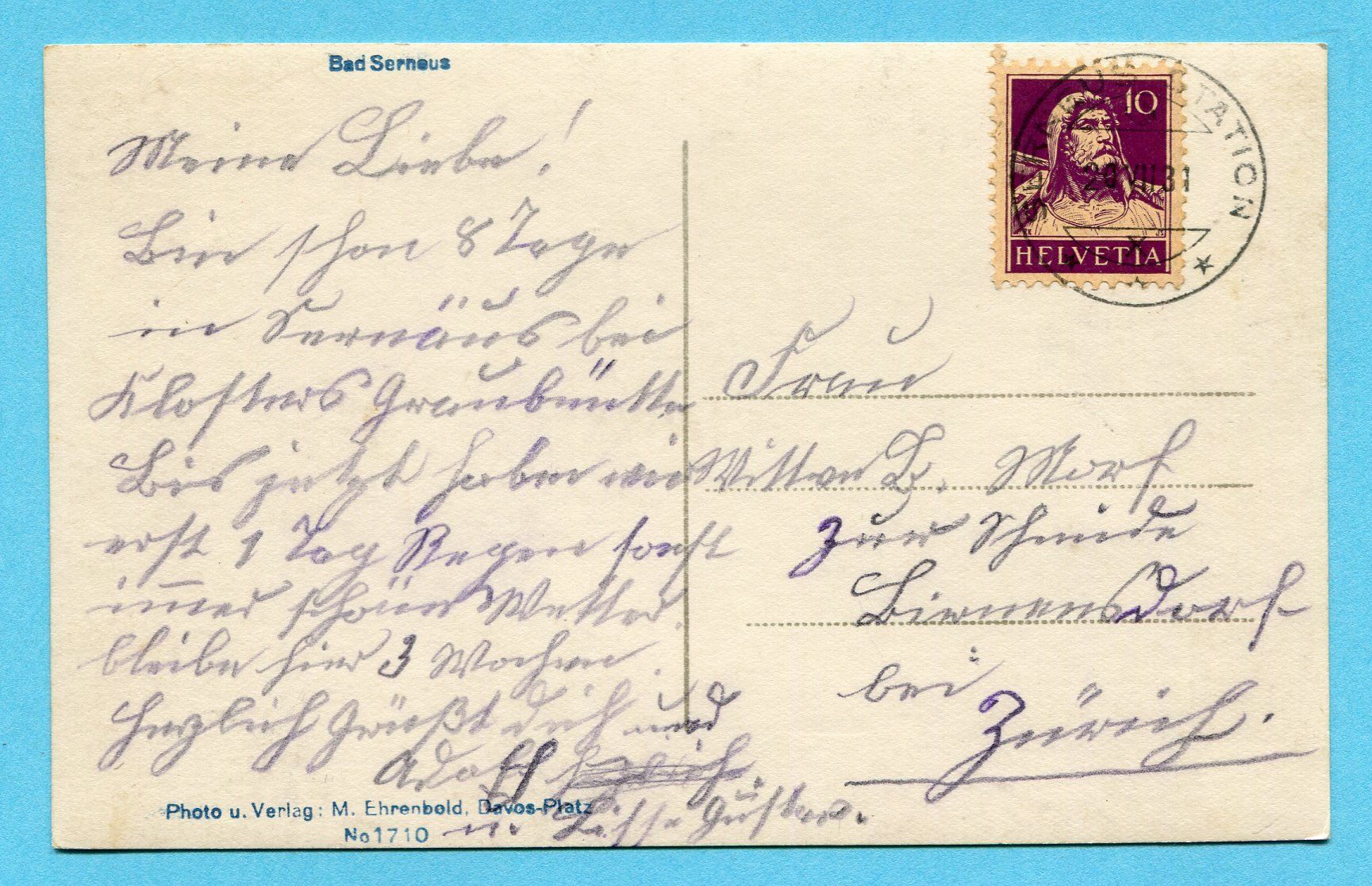 Ansichtskarten: Bad Serneus 1920 – Gebraucht aus Opfikon von Prophila 1