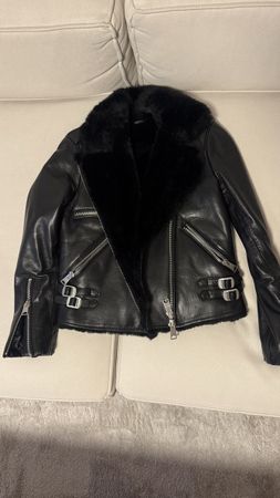 AllSaints Black Leather Biker Jacket w/ Shearling Collar - W