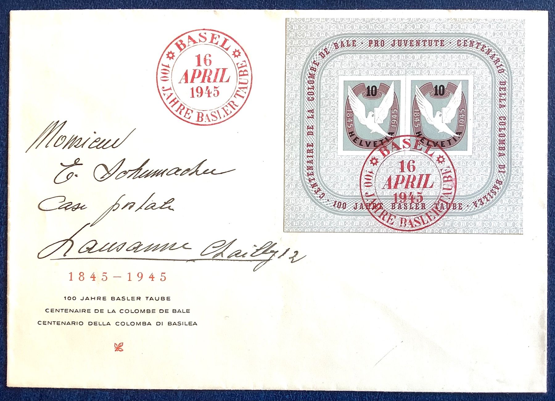 Alle Briefmarken: 1945- Baslertaube-Block auf Brief / Basel - Lausanne – Gebraucht aus Liestal von Skunk02
