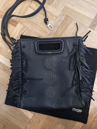 Maje Black Leather Fringe Studded Clutch/Crossbody Bag - Aut