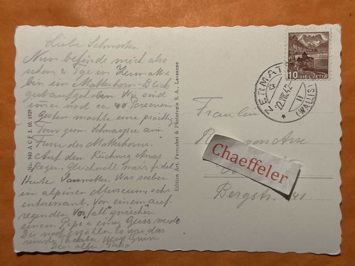 Cartoline postali: 1942 S.16 Matterhorn Zermatt – Usato da Zürich venduto da Chaeffeler 1