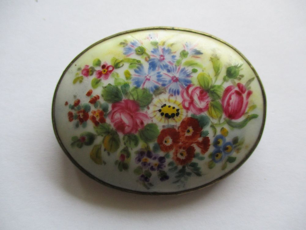 Broche Vintage Années 50 - Porcelaine - Décor Floral - Bijou Ancien