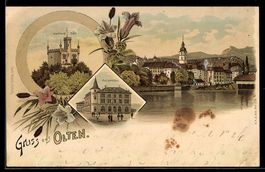 Lithographie Olten, Wartburg Säli, Ansicht vom Postgebäude