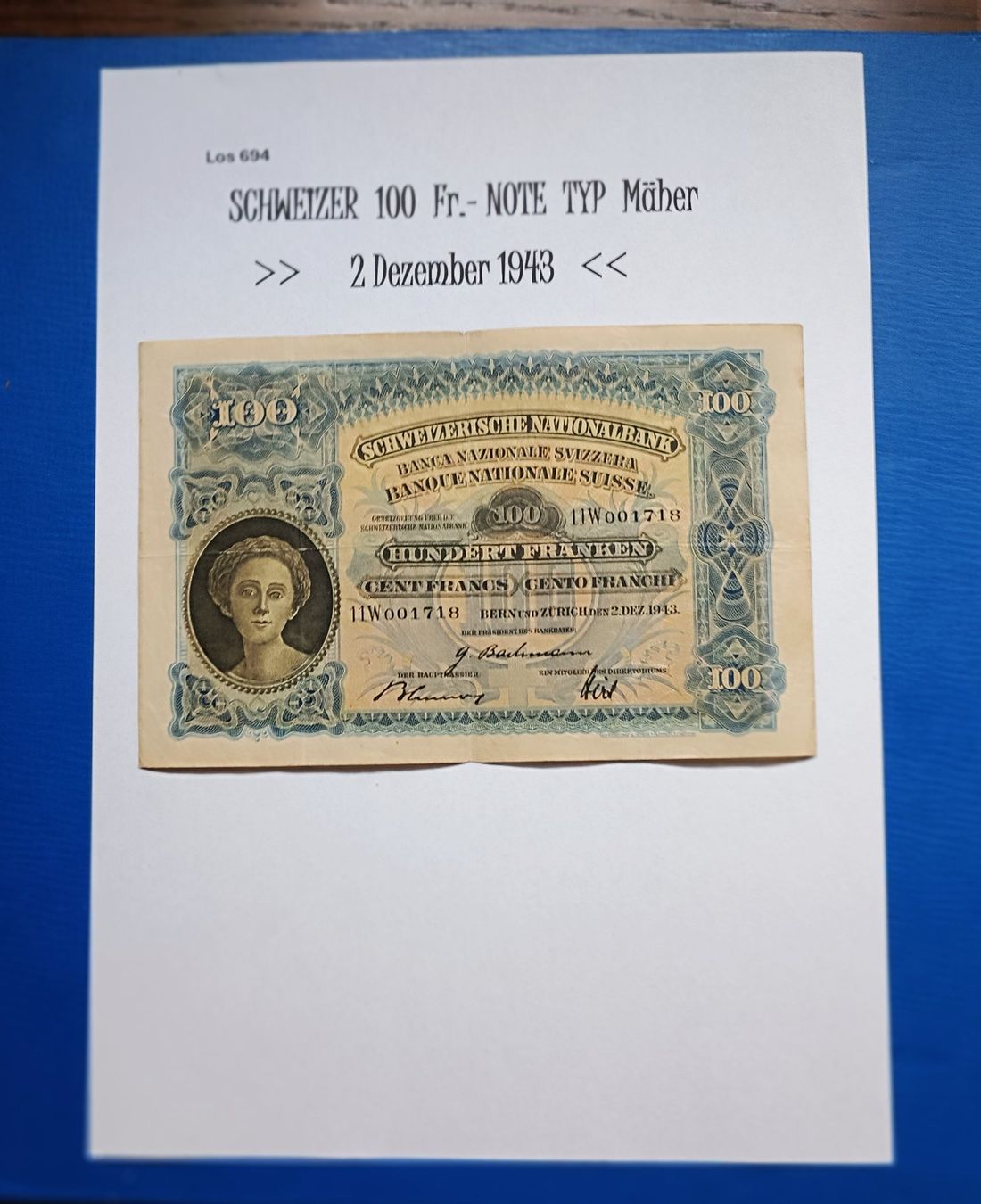 Banknoten: ALTE schöne 100 Fr.- Schweizer Note 2.Dez.1943 TYP Mäher – Gebraucht aus Glis von MYS-Wallis2020