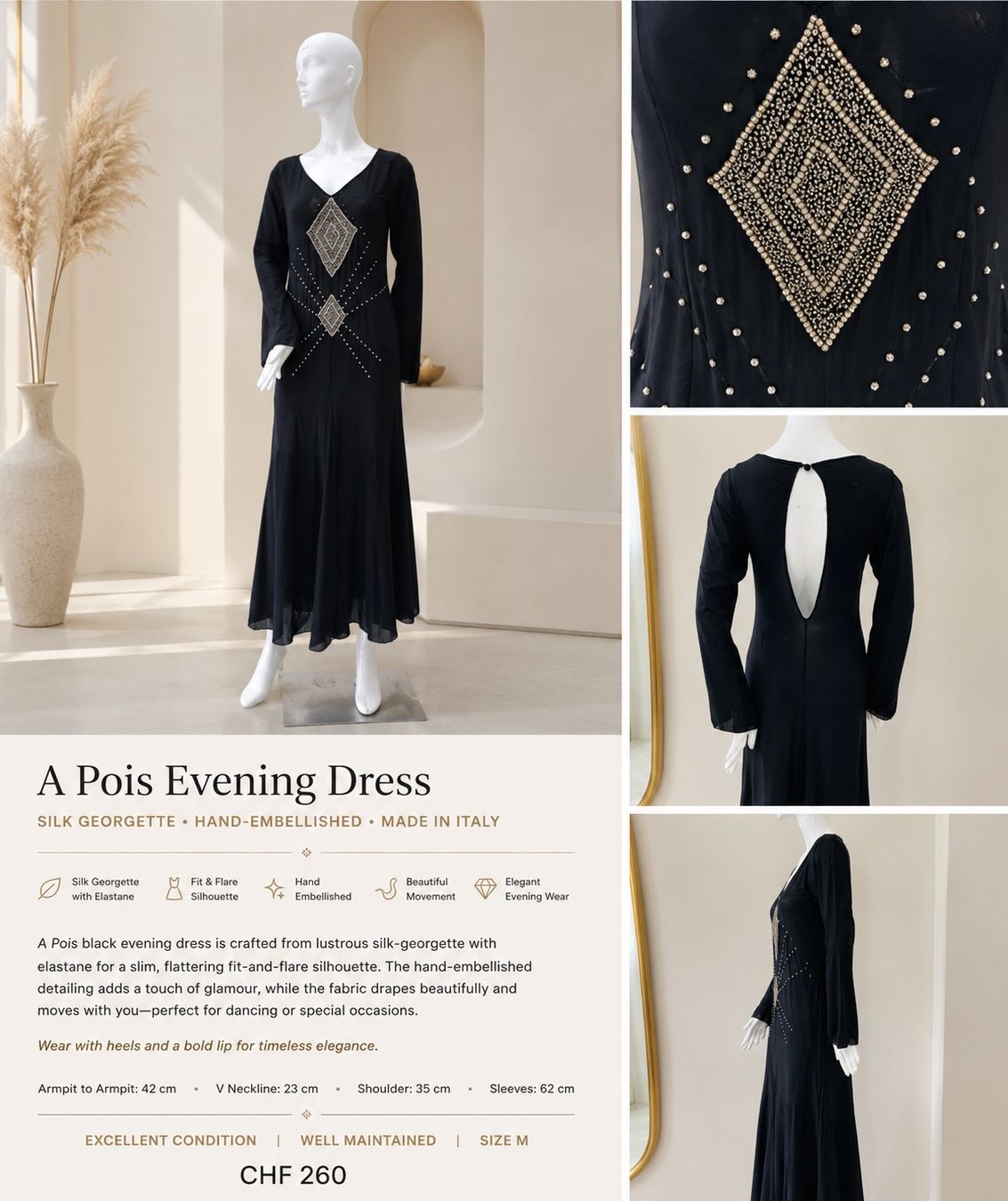 Vestiti: Hand-Embellished • Silk-Georgette • Elegant Open Back – Usato da Zürich venduto da Souljunic