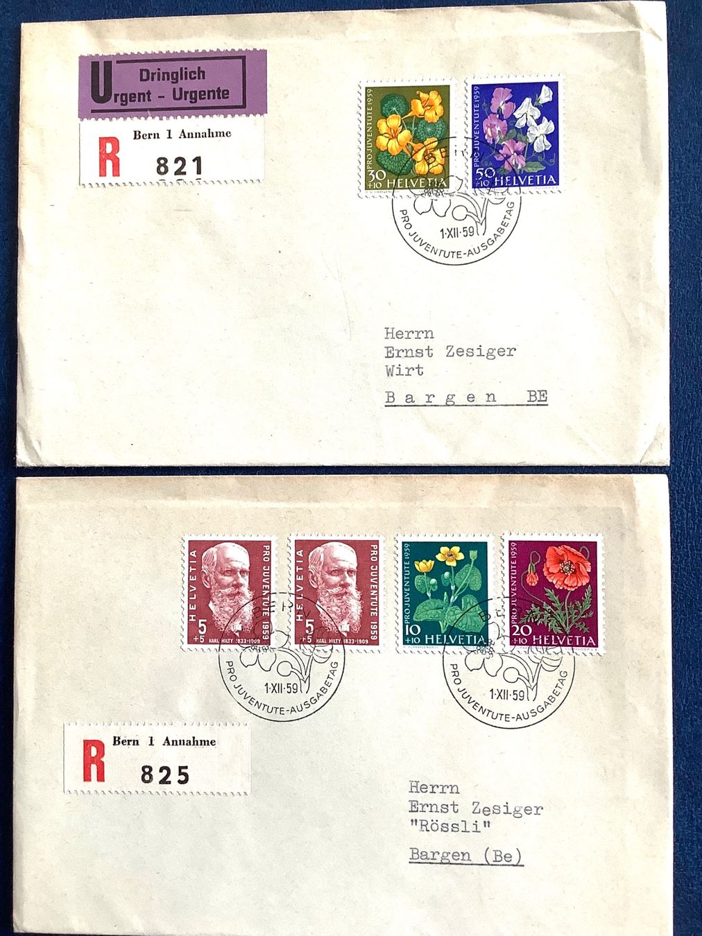 Alle Briefmarken: 1959 Pro Juventute Satz auf 2  R- FDC – Gebraucht aus Liestal von Skunk02