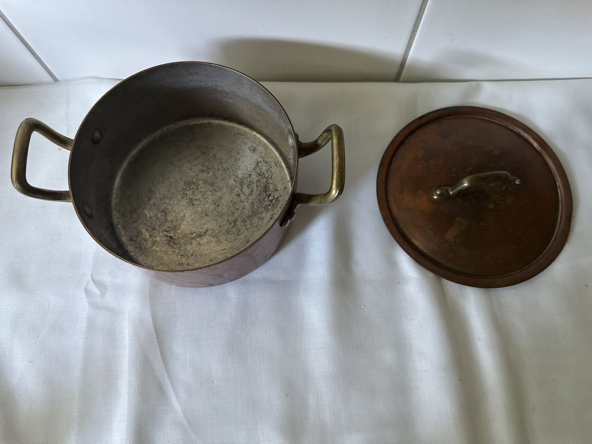 Pfannen: Kupfertopf mit Messinggriffen & Deckel 16 cm Durchmesser – Gebraucht aus Zürich von Chaeffeler 1