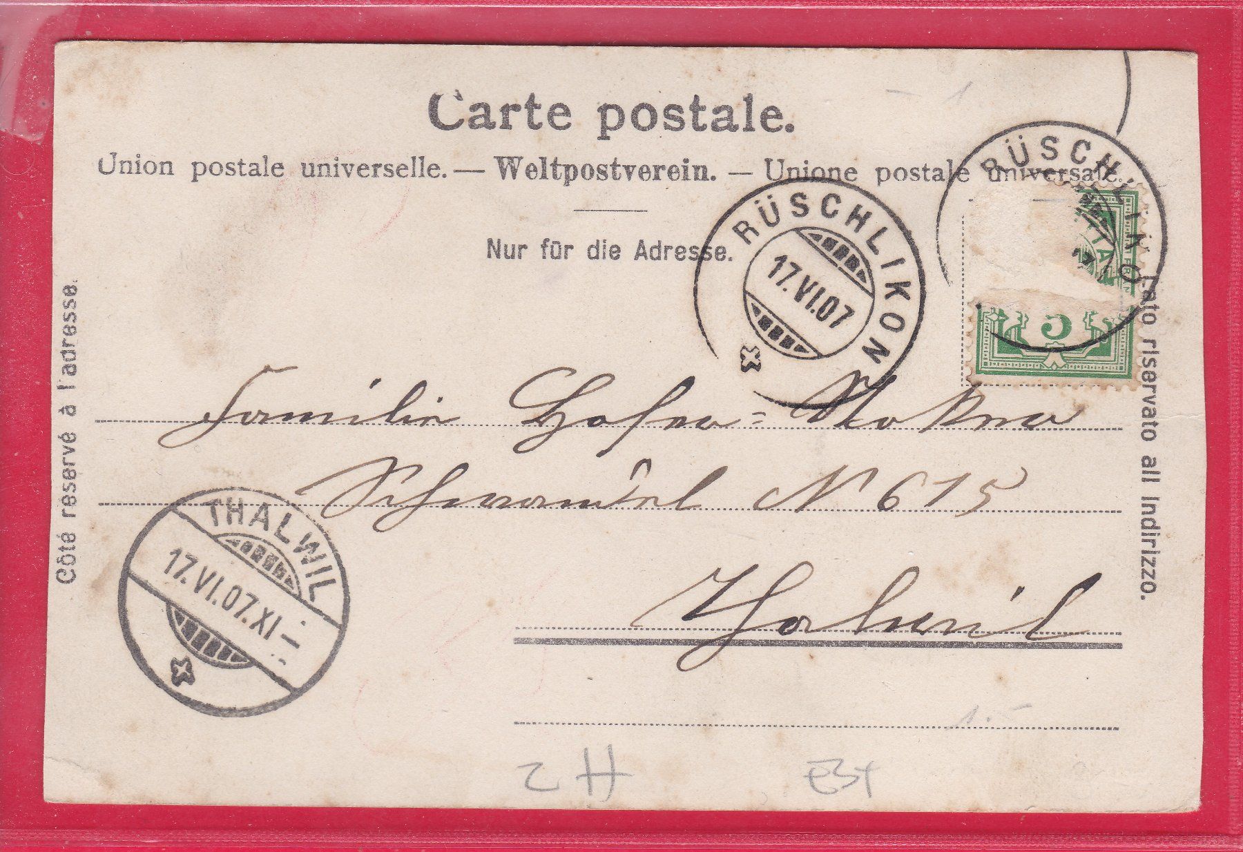 Ansichtskarten: RÜSCHLIKON, 17.6.1907 – Gebraucht aus Oberrieden von Gebirgsstelze 1